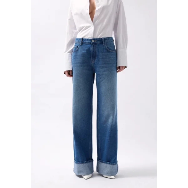 Paça Katlamalı Yüksek Bel Jean