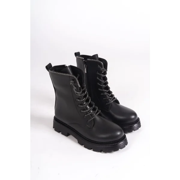 PAMELA Bağcıklı Fermuarlı Ortopedik Taban Taşlı Kadın Bot CST - Siyah