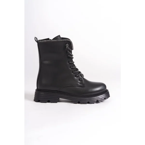 PAMELA Bağcıklı Fermuarlı Ortopedik Taban Taşlı Kadın Bot CST - Siyah