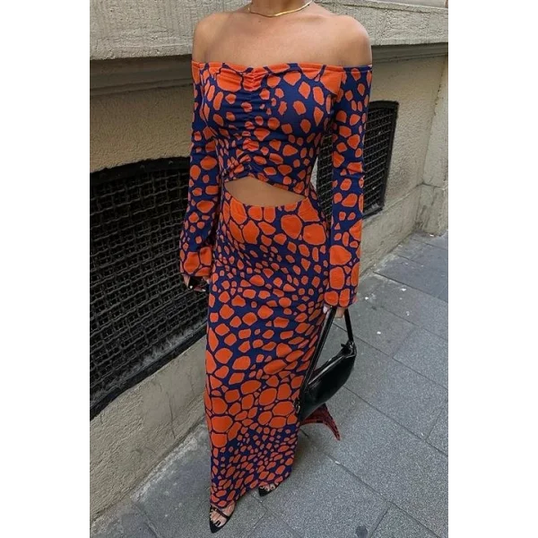 Pansy Cut Out Animal Desen Elbise 2678-8