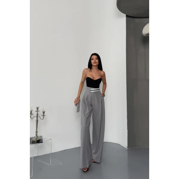 PANTOLON BEL ŞERİT DETAYLI - Gri
