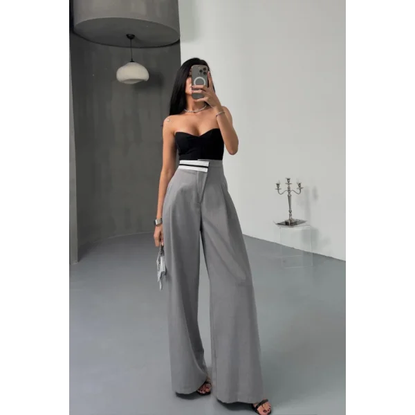 PANTOLON BEL ŞERİT DETAYLI - Gri