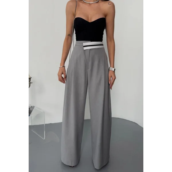 PANTOLON BEL ŞERİT DETAYLI - Gri