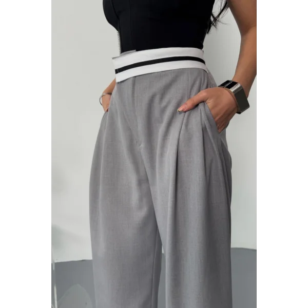 PANTOLON BEL ŞERİT DETAYLI - Gri