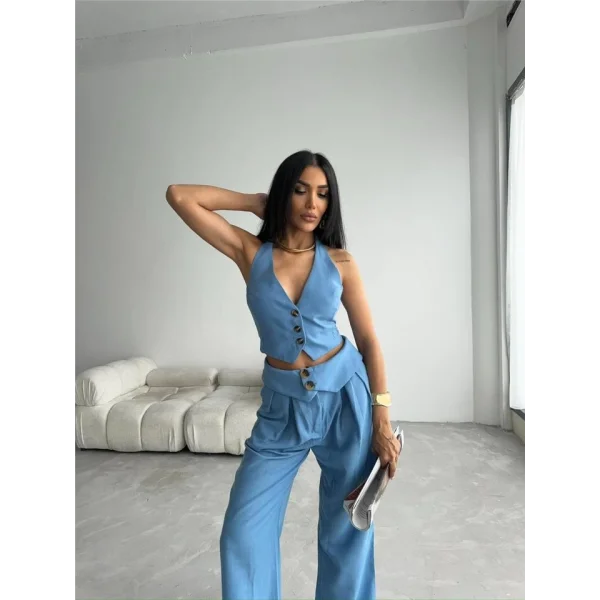 PANTOLON KENDİNDEN KEMER DETAYLI - Mavi