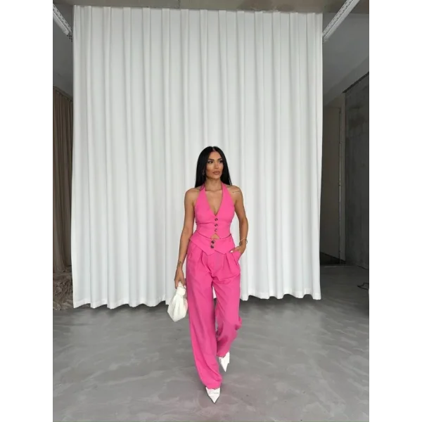 PANTOLON KENDİNDEN KEMER DETAYLI - Pembe