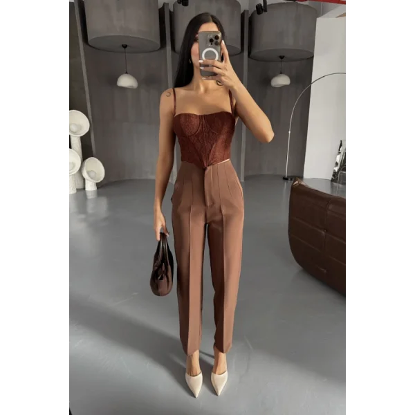 PANTOLON PENSLİ ATLAS KUMAŞ - Kahverengi