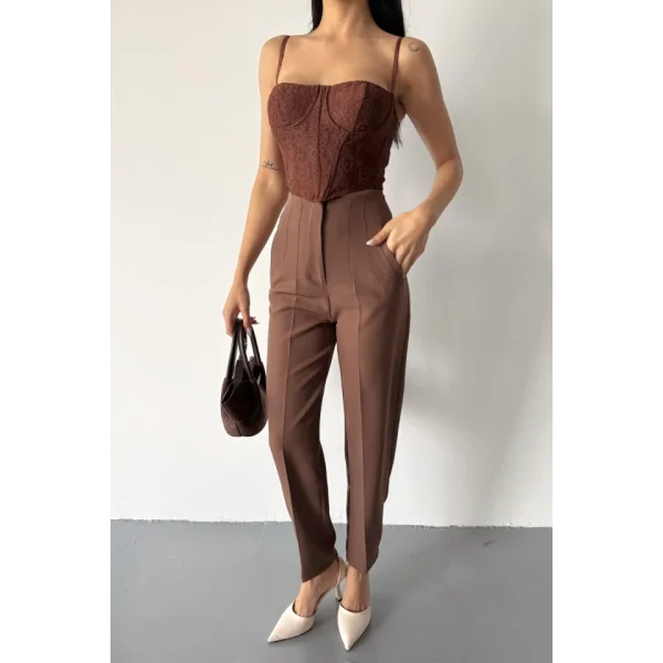 PANTOLON PENSLİ ATLAS KUMAŞ - Kahverengi