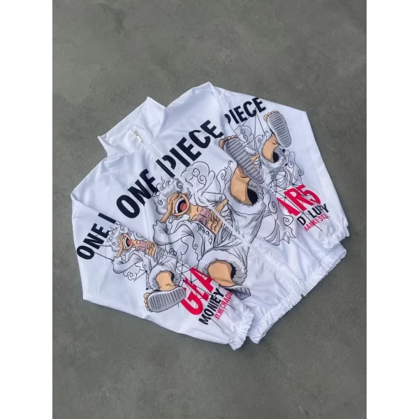 Paraşüt Kumaş Fermuarlı Dijital Baskılı Rüzgarlık - Beyaz