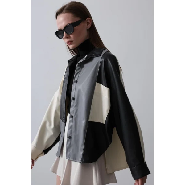 Parçalı Deri Gömlek  EkruiyahGri