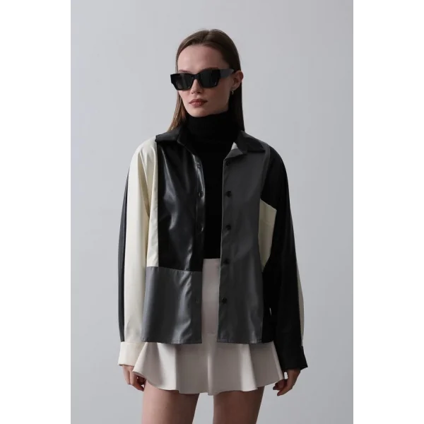 Parçalı Deri Gömlek  EkruiyahGri