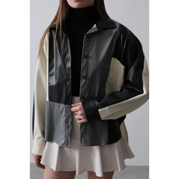 Parçalı Deri Gömlek  EkruiyahGri