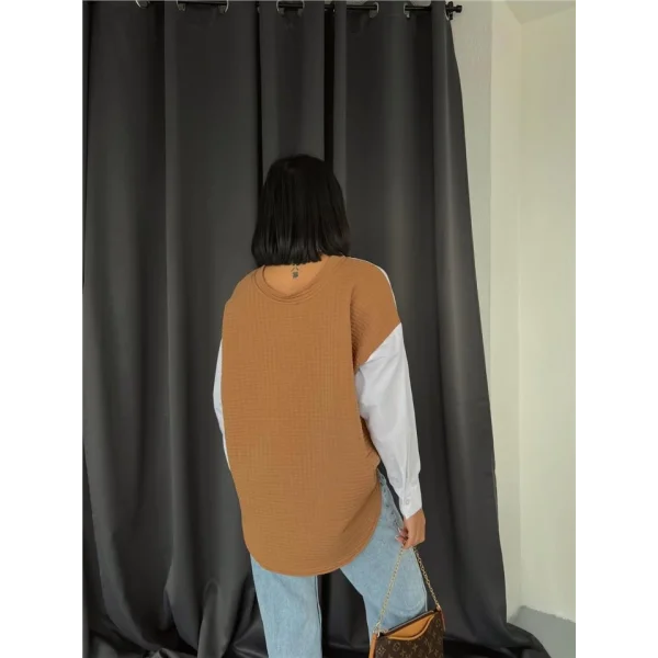 PARÇALI GÖMLEK ARKASI ÖRME - Kahverengi