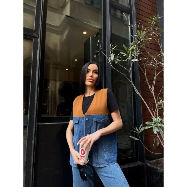 PARÇALI KOT YELEK (ÜST ATLAS) - Kahverengi