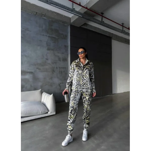 PARLAK DESENLİ SATEN KARGO PANTOLON - GÖMLEK TAKIM - Bej