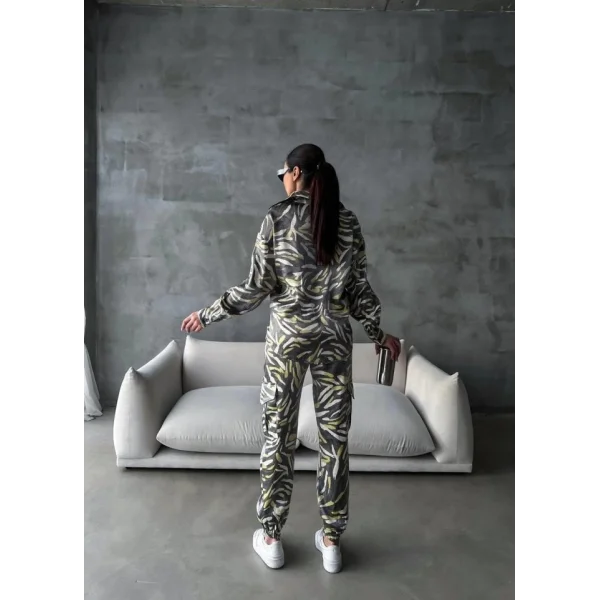 PARLAK DESENLİ SATEN KARGO PANTOLON - GÖMLEK TAKIM - Bej