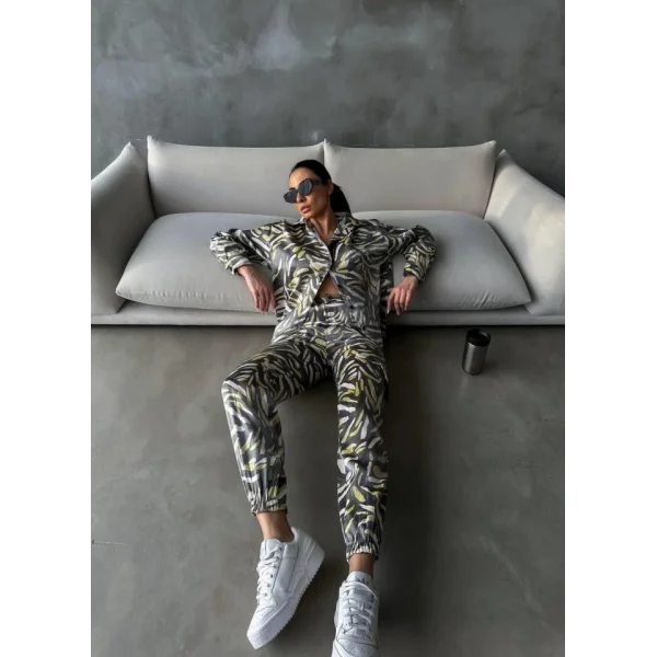 PARLAK DESENLİ SATEN KARGO PANTOLON - GÖMLEK TAKIM - Bej