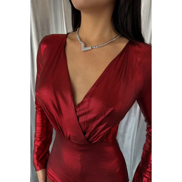 PARLAK KRUVAZE BODYSUİT - Bordo