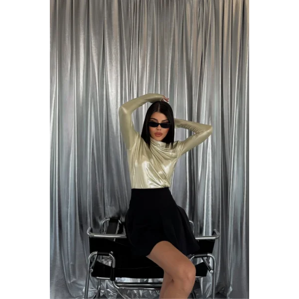 PARLAK OMUZ DRAPELİ BODYSUİT - Sarı