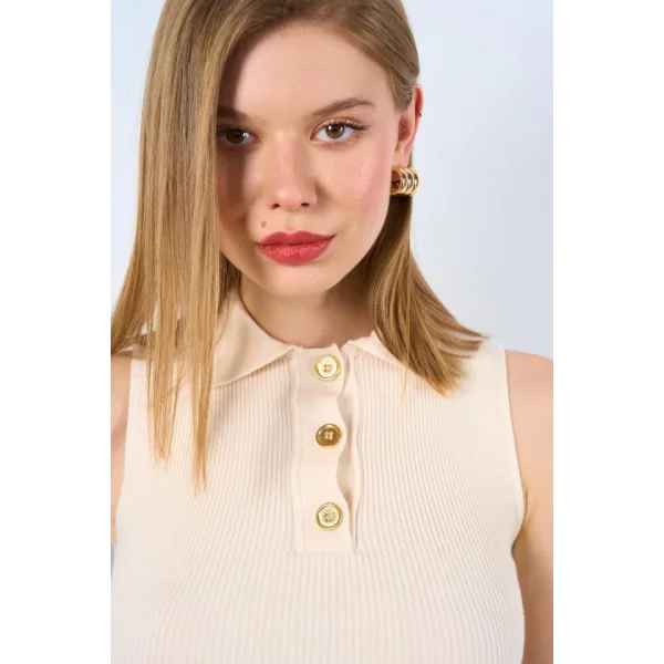 Patlı Düğmeli Triko Atlet - Beyaz Kayısı