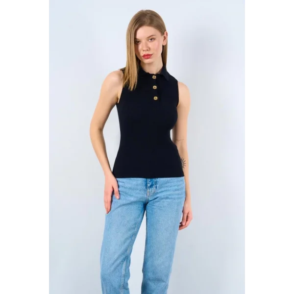 Patlı Düğmeli Triko Atlet - Siyah