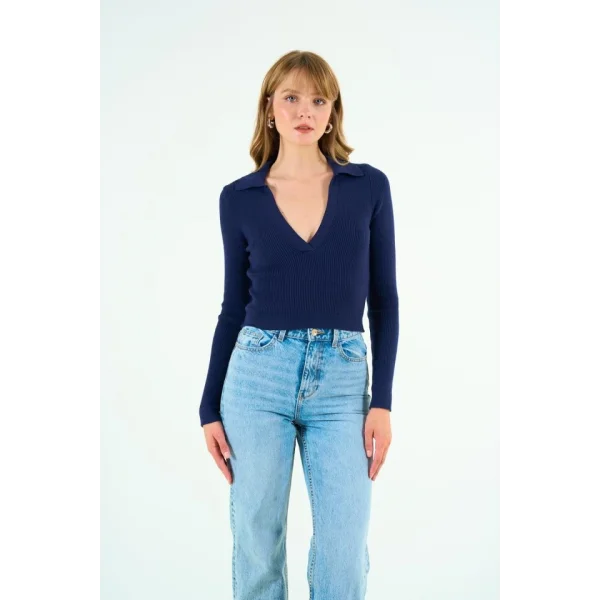 Patlı Polo Yaka Kazak  Lacivert