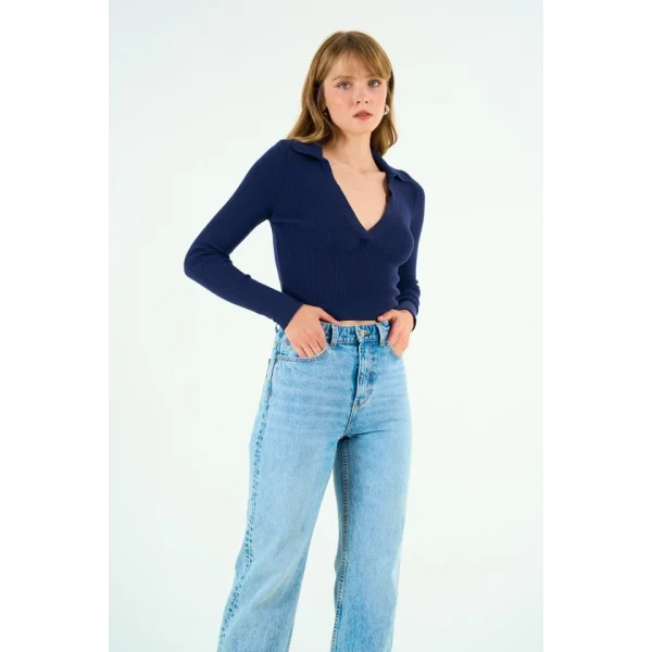 Patlı Polo Yaka Kazak  Lacivert