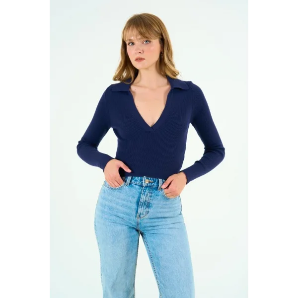 Patlı Polo Yaka Kazak  Lacivert