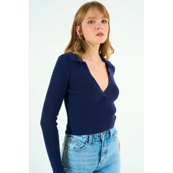 Patlı Polo Yaka Kazak  Lacivert