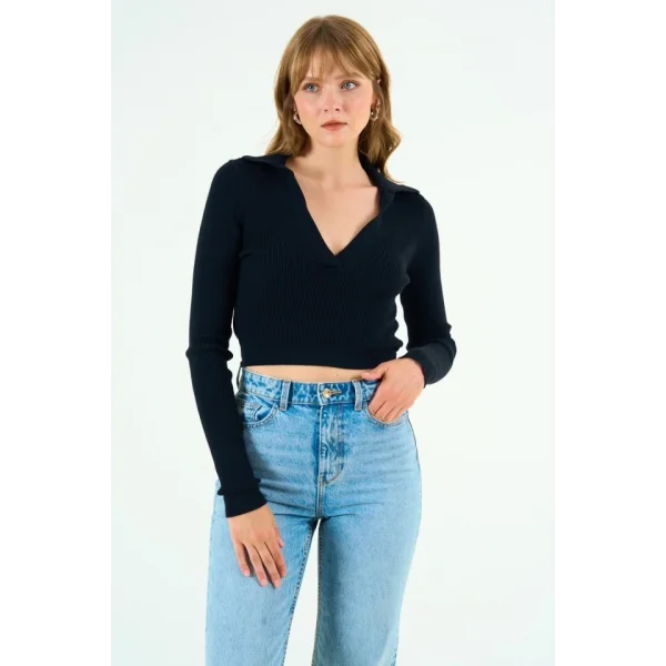 Patlı Polo Yaka Kazak  Siyah