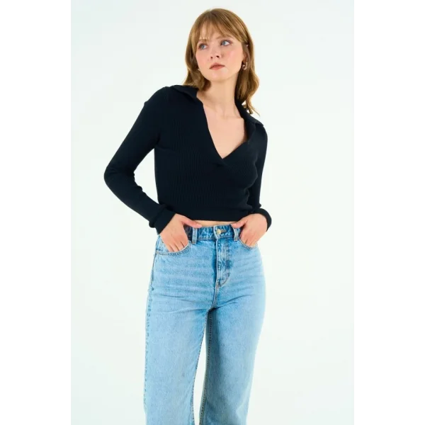 Patlı Polo Yaka Kazak  Siyah