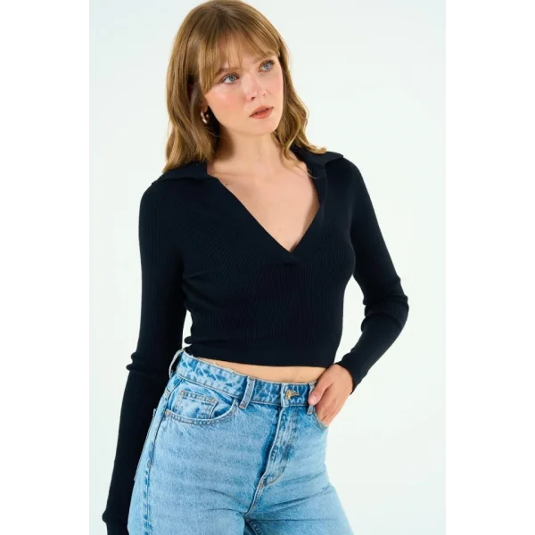 Patlı Polo Yaka Kazak  Siyah