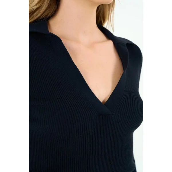 Patlı Polo Yaka Kazak  Siyah