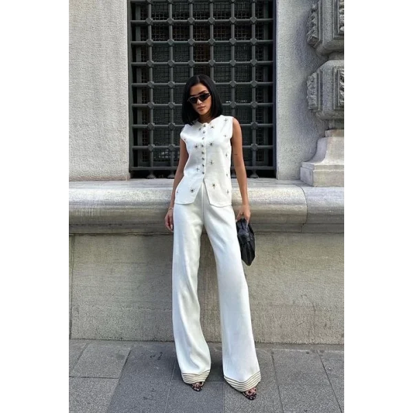 Paulo Gold Düğmeli Yelek Pantolon Takım 9976