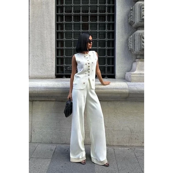 Paulo Gold Düğmeli Yelek Pantolon Takım 9976