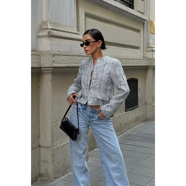 Pealo Parlak Gümüş Pul Payet Ceket 6117