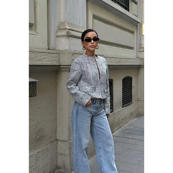 Pealo Parlak Gümüş Pul Payet Ceket 6117