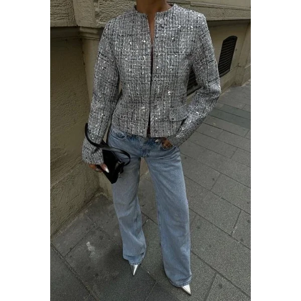 Pealo Parlak Gümüş Pul Payet Ceket 6117