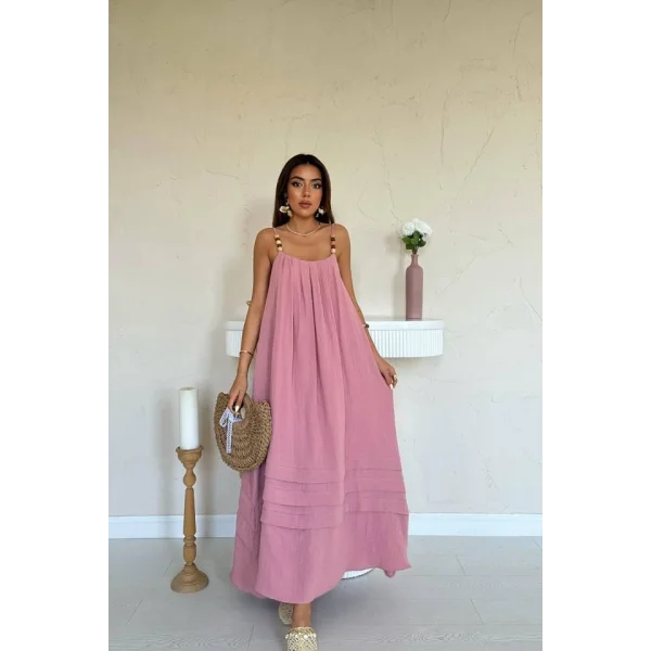 Pembe Askılı Müslin Elbise