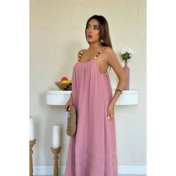 Pembe Askılı Müslin Elbise