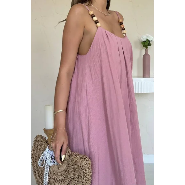 Pembe Askılı Müslin Elbise