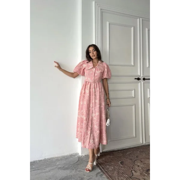 Pembe Bebe Yaka Balon Kollu Elbise