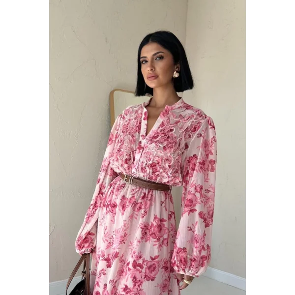Pembe Biye Detaylı Elbise