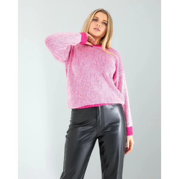 Pembe Çizgili Beyaz Yakalı Triko Kazak