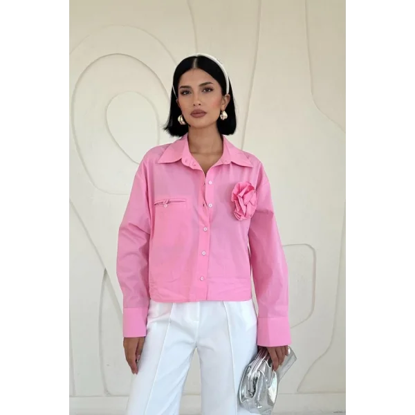 Pembe Fleto Cepli Poplin Gömlek