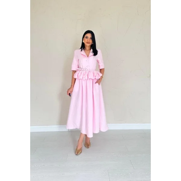 Pembe İnce Kemerli Fırfırlı Ceket Ve Büzgülü Etek Takım
