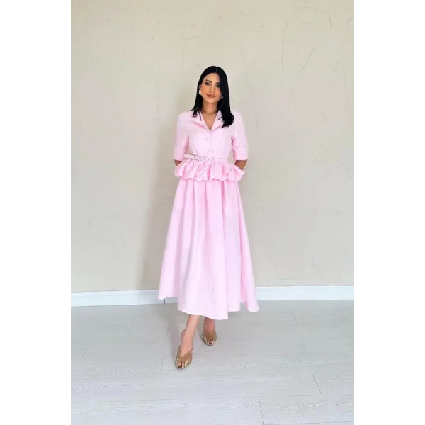 Pembe İnce Kemerli Fırfırlı Ceket Ve Büzgülü Etek Takım