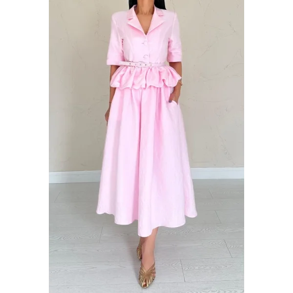 Pembe İnce Kemerli Fırfırlı Ceket Ve Büzgülü Etek Takım