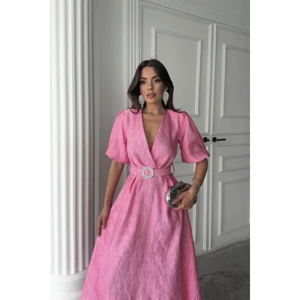 Pembe Işıltılı Kemerli Kruvaze Elbise