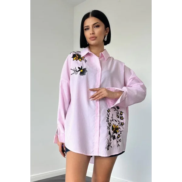 Pembe Klasik Bedensiz Çizgili Poplin Nakışlı Gömlek